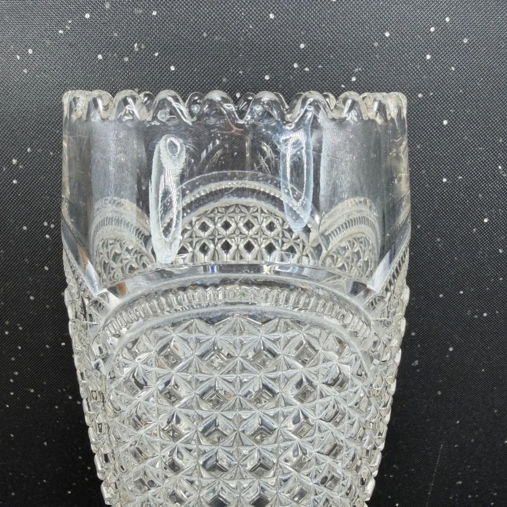 Indiana Austrian Glass Vase Antique Clear Pressed Glass Scalloped Rim 10 inch